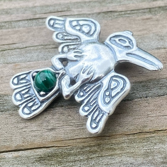 Raven Pendant .925 Sterling Silver w/ genuine Malachite gemstone USA - Picture 10 of 13